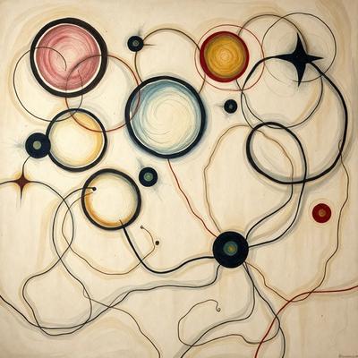 The primary subject of the image is a painting featuring a variety of circles and swirls. The setting is a white background, and the visual style appears to be a combination of digital art and illustration. The painting is predominantly black and white, with some red accents, giving it a bold and striking appearance. The overall atmosphere of the painting is dynamic and engaging, capturing the viewer's attention with its intricate patterns and vibrant colors.